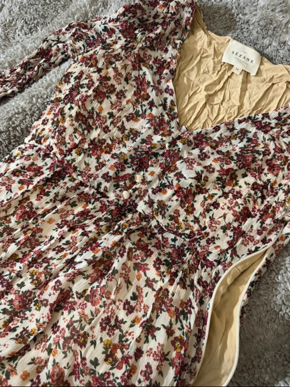 Sezane Floral V-Neck Pleated Chemise in Cream and Burgundy